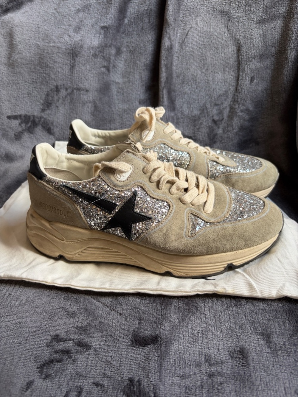 Golden Goose running soles with silver sparkles and dove grey